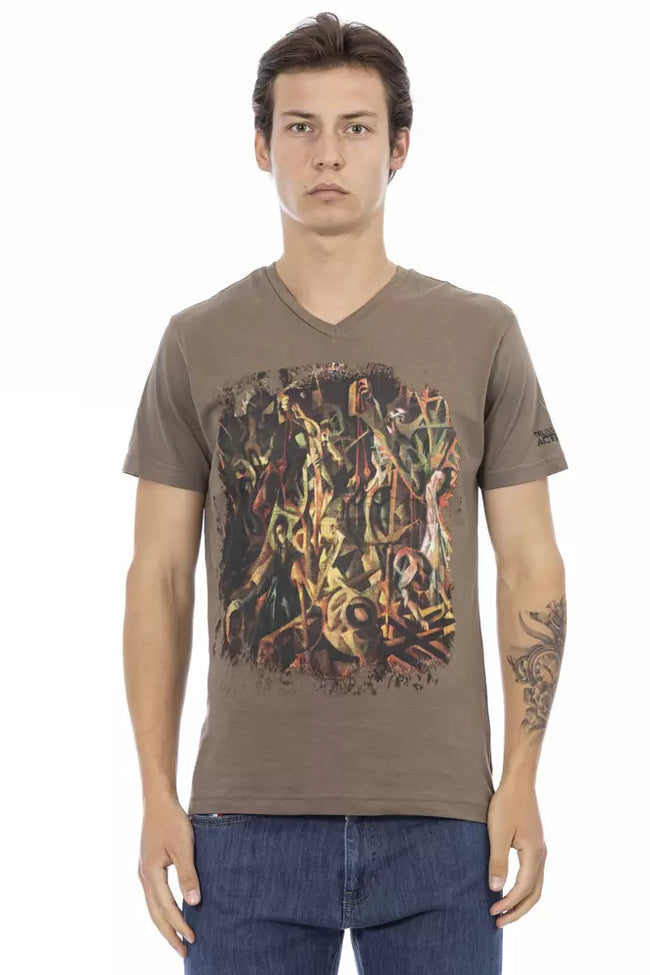 Trussardi Action Braunes Baumwoll-T-Shirt mit V-Ausschnitt für Herren