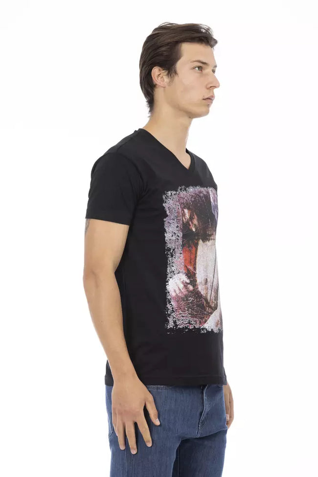 Trussardi Action Schwarzes Herren-T-Shirt mit V-Ausschnitt aus Baumwolle