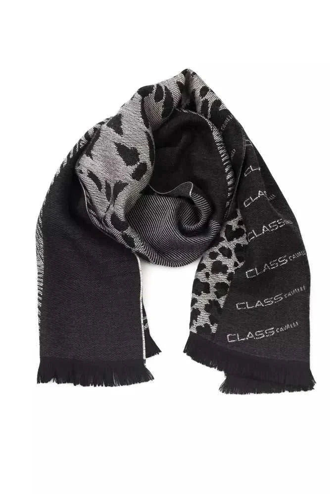 Cavalli Class schwarzer Wollschal für Herren mit Animalier-Muster und italienischer Eleganz