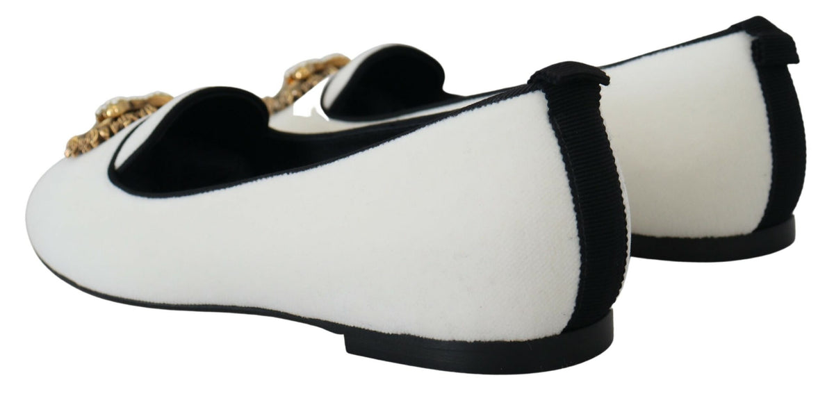 Dolce & Gabbana Weiß Samt Slip Ons Loafers Flats Schuhe