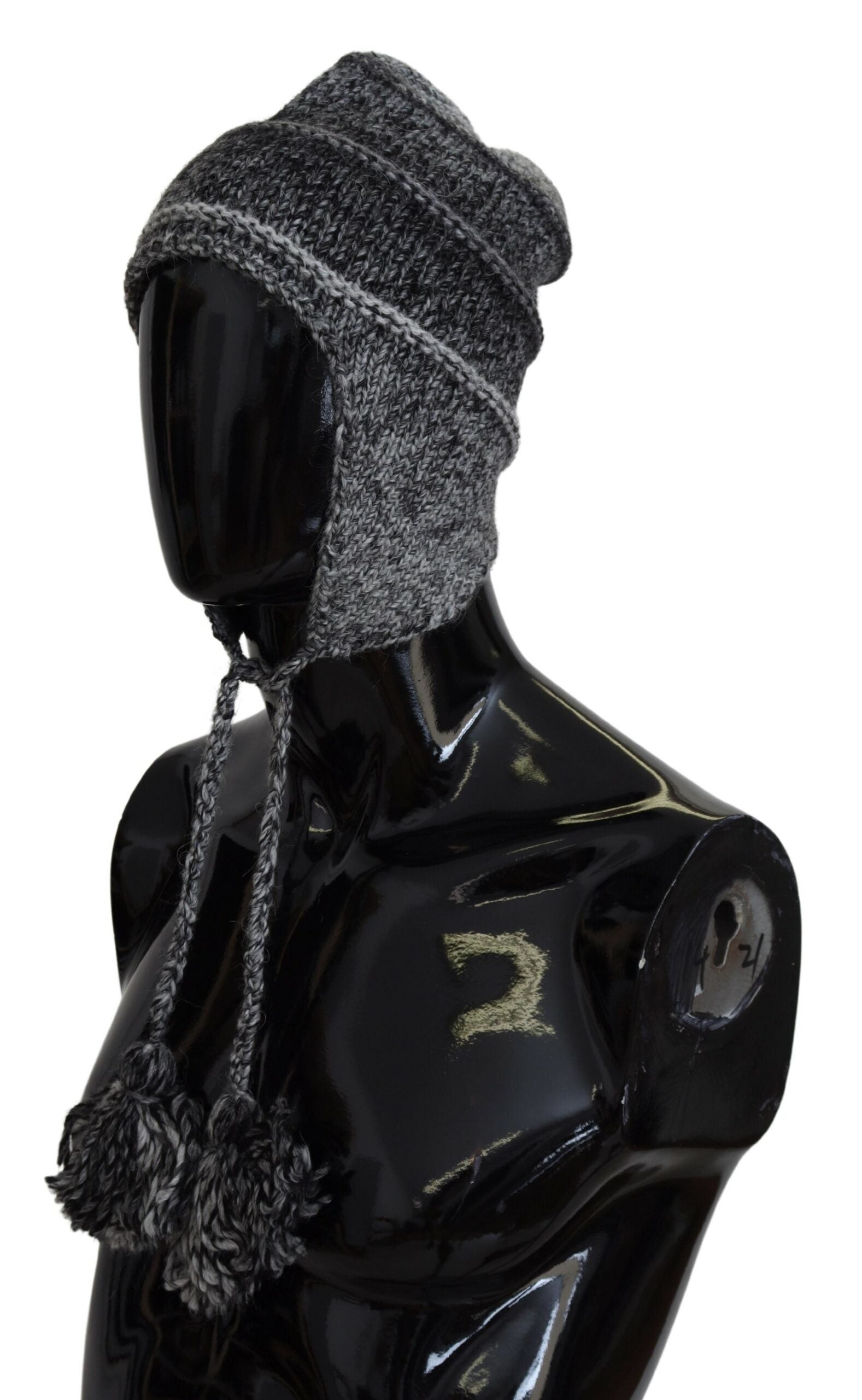 Dolce & Gabbana Graue Warme Fleece Ohrenklappen Strickmütze Beanie