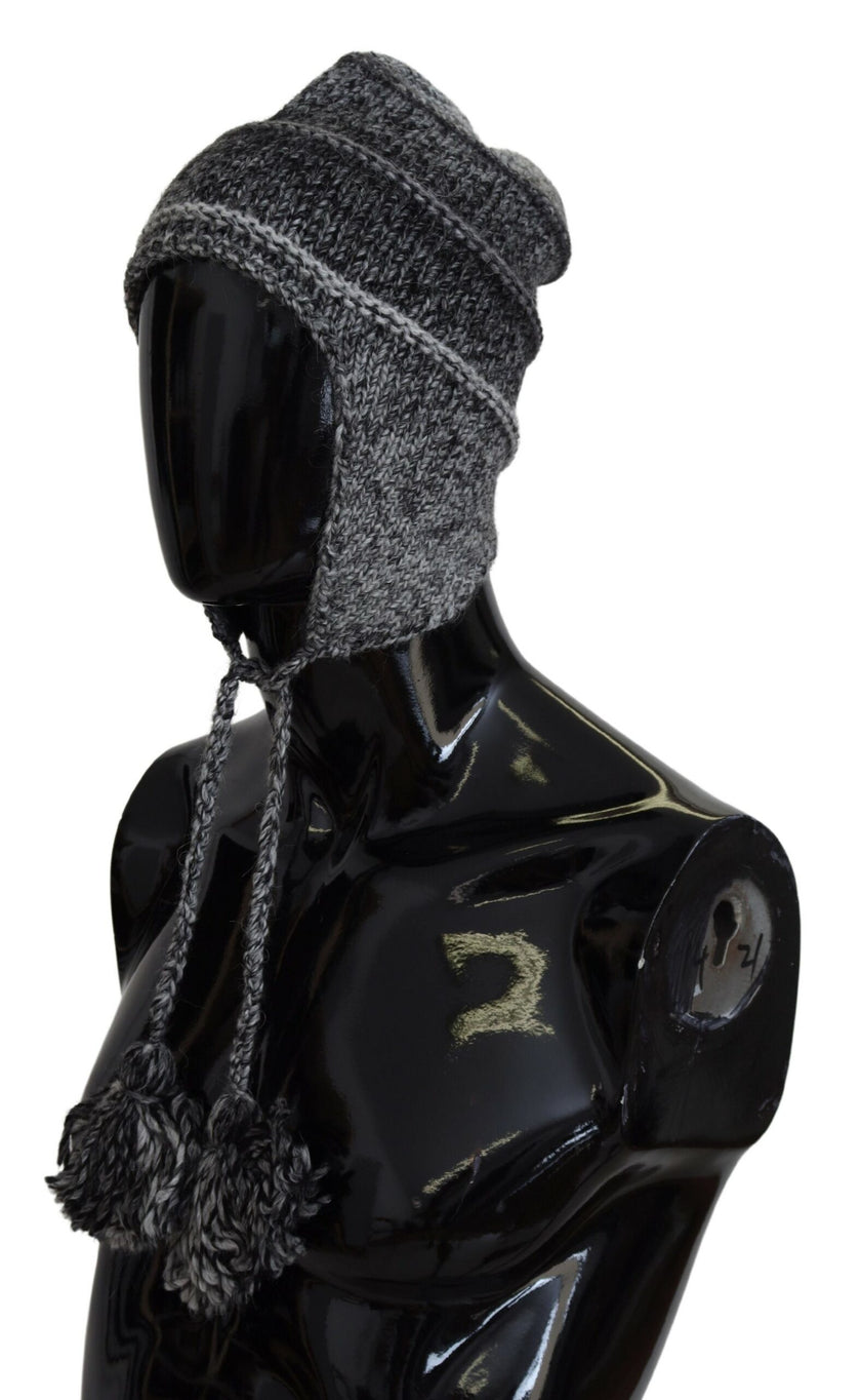Dolce & Gabbana Graue Warme Fleece Ohrenklappen Strickmütze Beanie