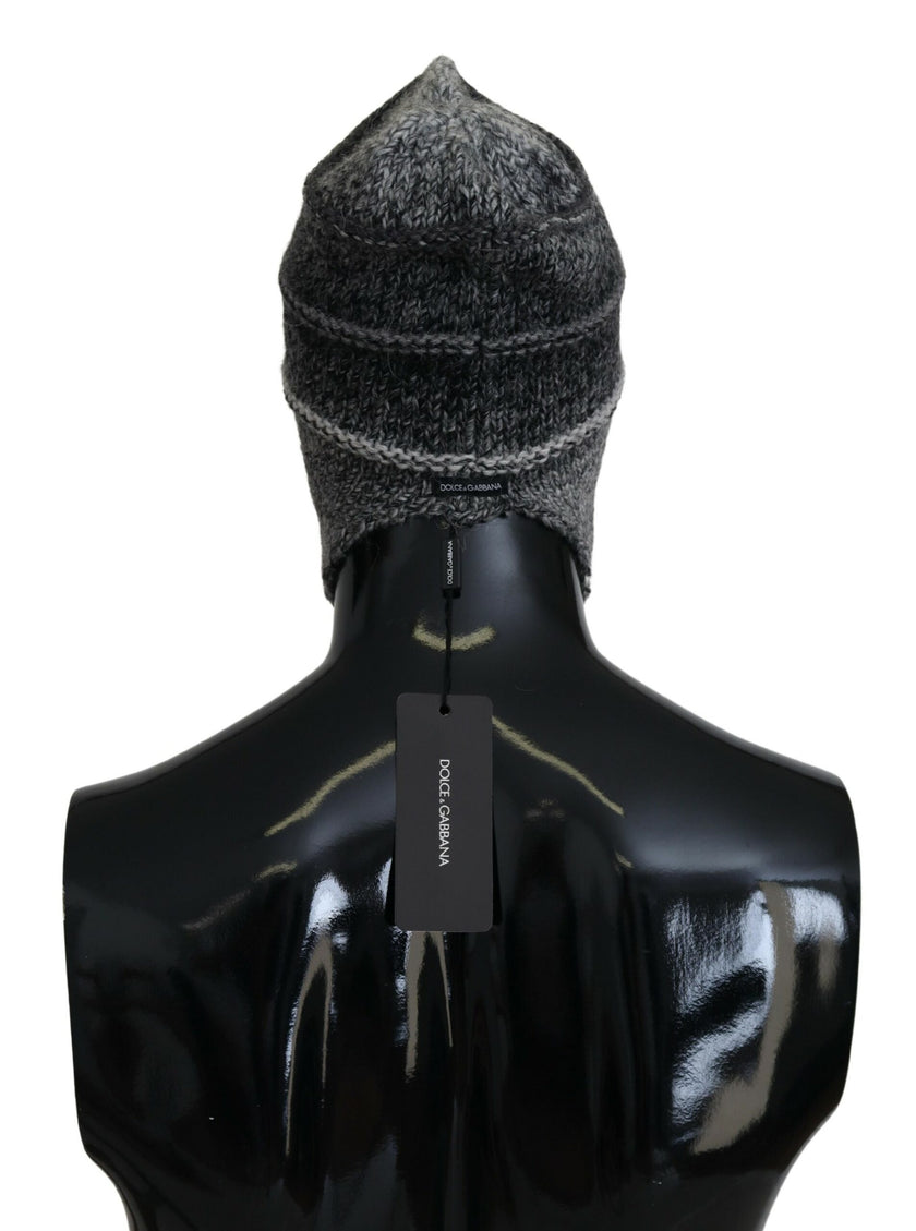 Dolce & Gabbana Graue Warme Fleece Ohrenklappen Strickmütze Beanie