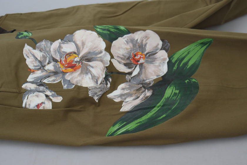 Dolce & Gabbana Beigefarbene Stretch-Chinohose aus Baumwolle mit Blumenmuster