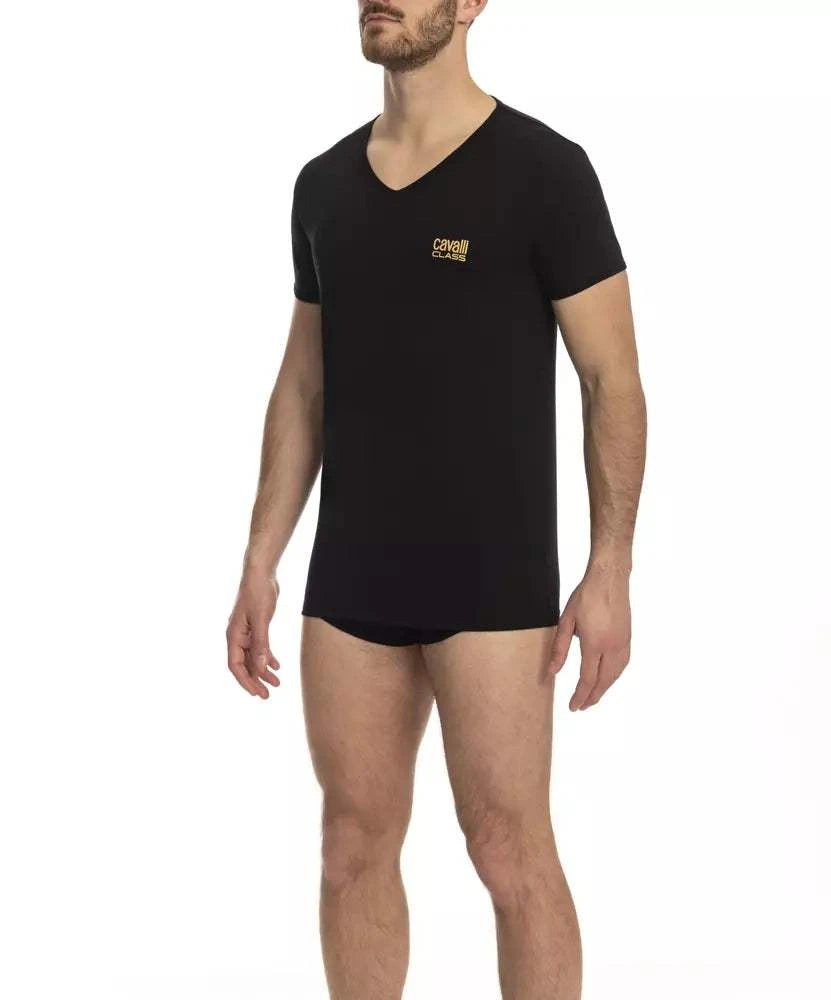 Cavalli Class Schwarzes Herren-T-Shirt mit V-Ausschnitt aus Baumwolle