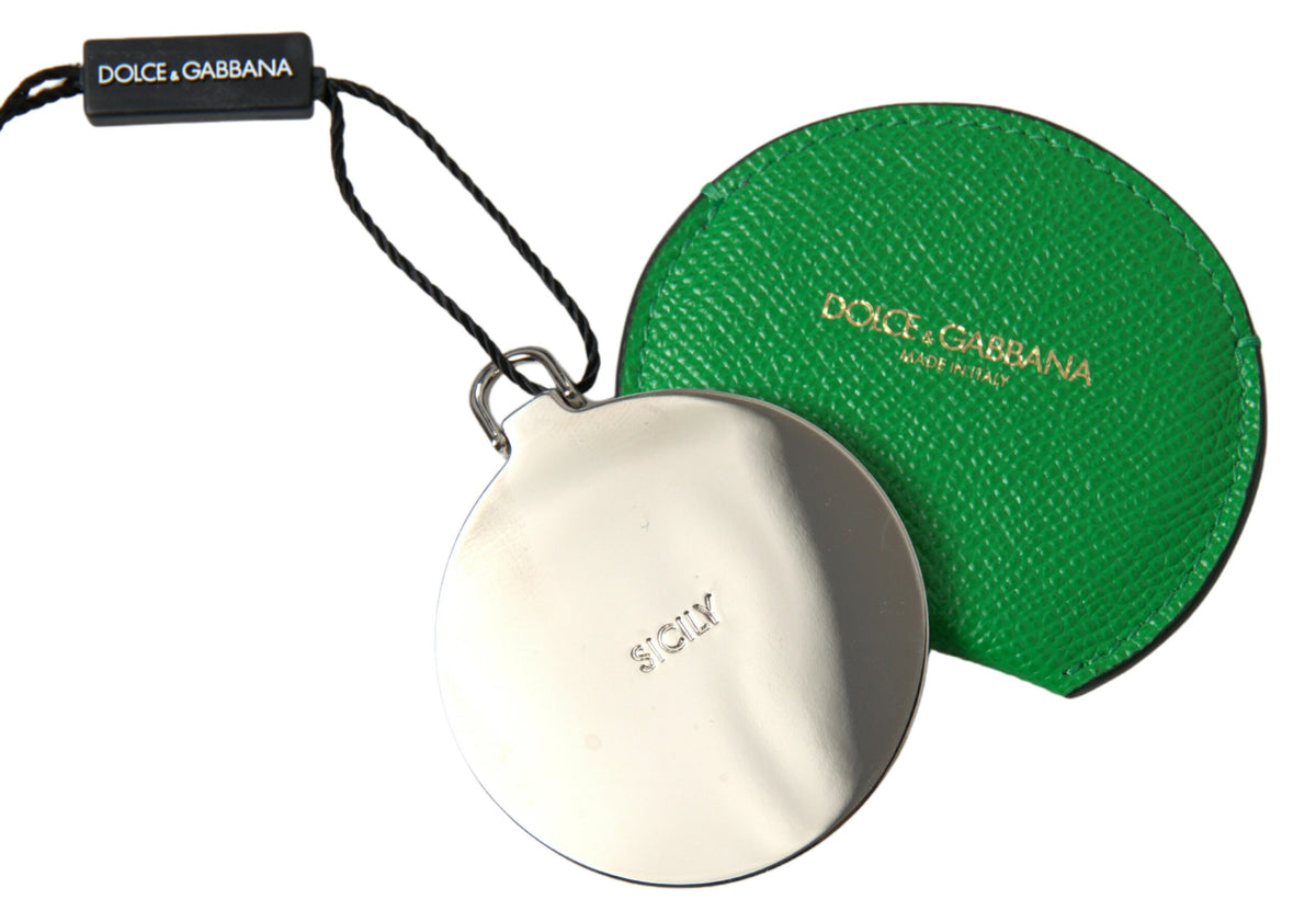 Dolce & Gabbana Green Calfskin Round Logo Hand Mirror Holder