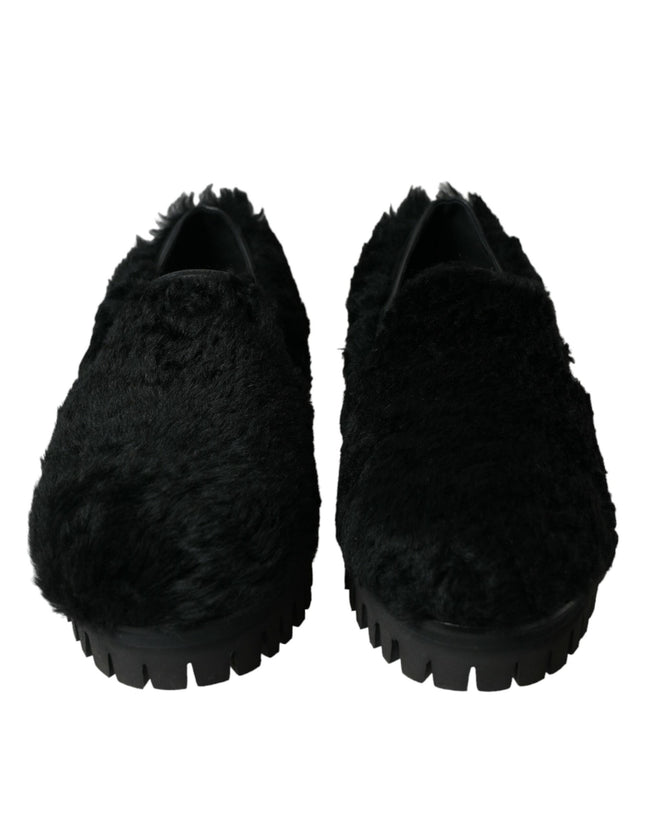 Dolce & Gabbana Schwarz Pelz Leder Hausschuhe Kleid Schuhe
