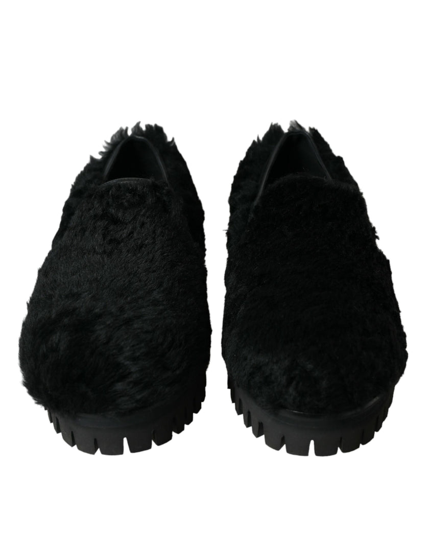 Dolce & Gabbana Schwarz Pelz Leder Hausschuhe Kleid Schuhe