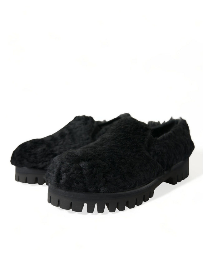 Dolce & Gabbana Schwarz Pelz Leder Hausschuhe Kleid Schuhe