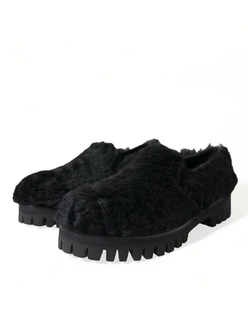 Dolce & Gabbana Schwarz Pelz Leder Hausschuhe Kleid Schuhe