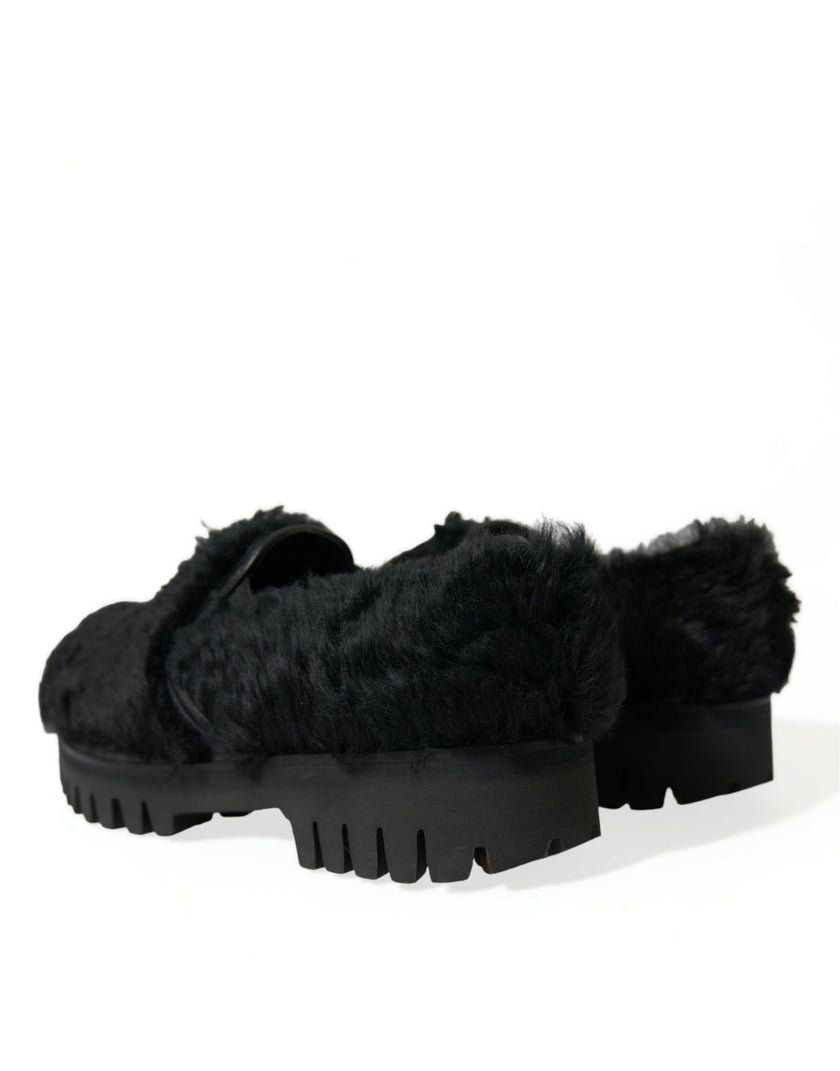 Dolce & Gabbana Schwarz Pelz Leder Hausschuhe Kleid Schuhe