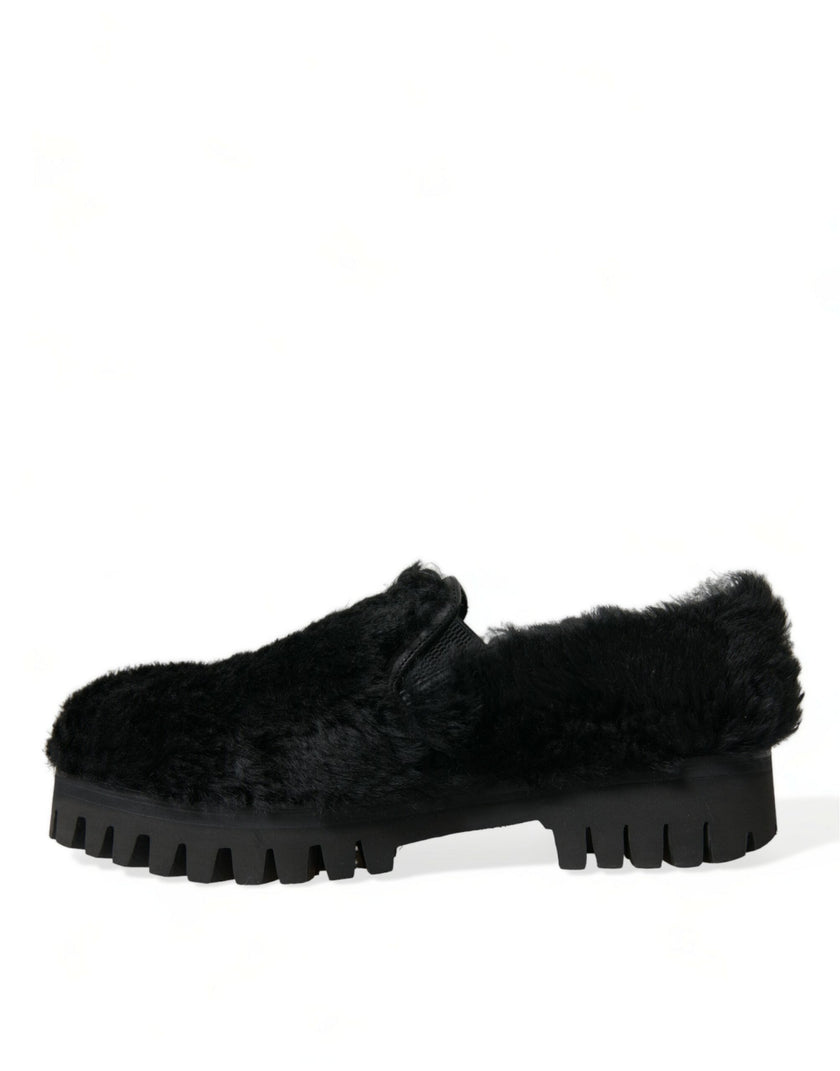 Dolce & Gabbana Schwarz Pelz Leder Hausschuhe Kleid Schuhe