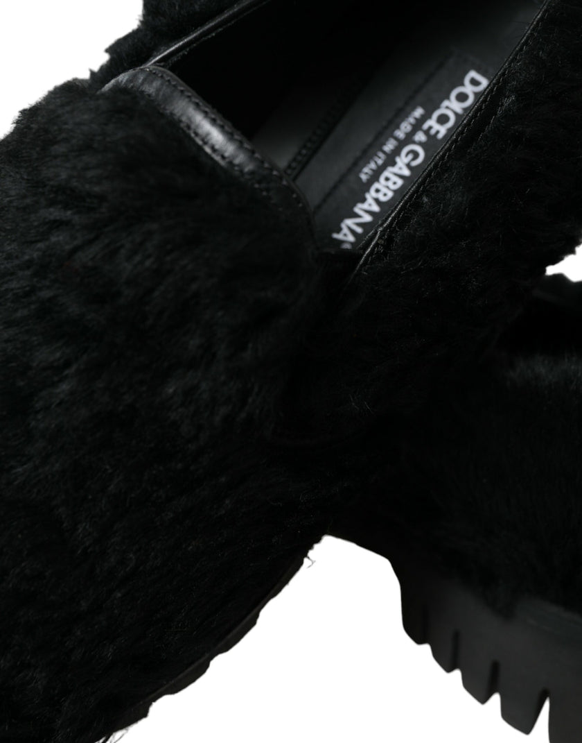Dolce & Gabbana Schwarz Pelz Leder Hausschuhe Kleid Schuhe