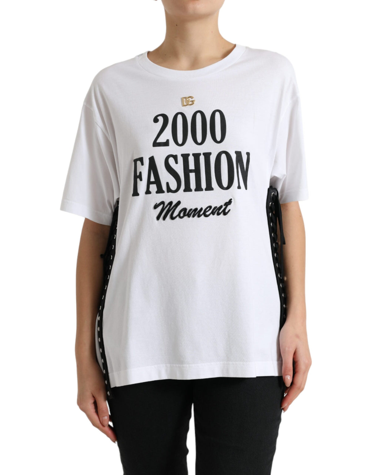 Dolce & Gabbana White Slogan-Print Lace-Up T-Shirt