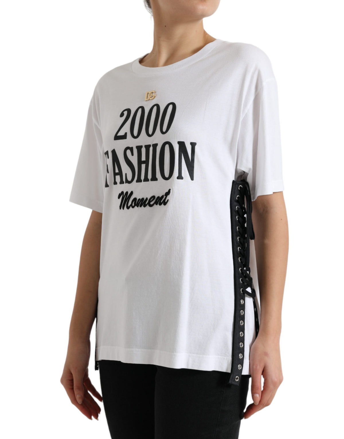 Dolce & Gabbana White Slogan-Print Lace-Up T-Shirt