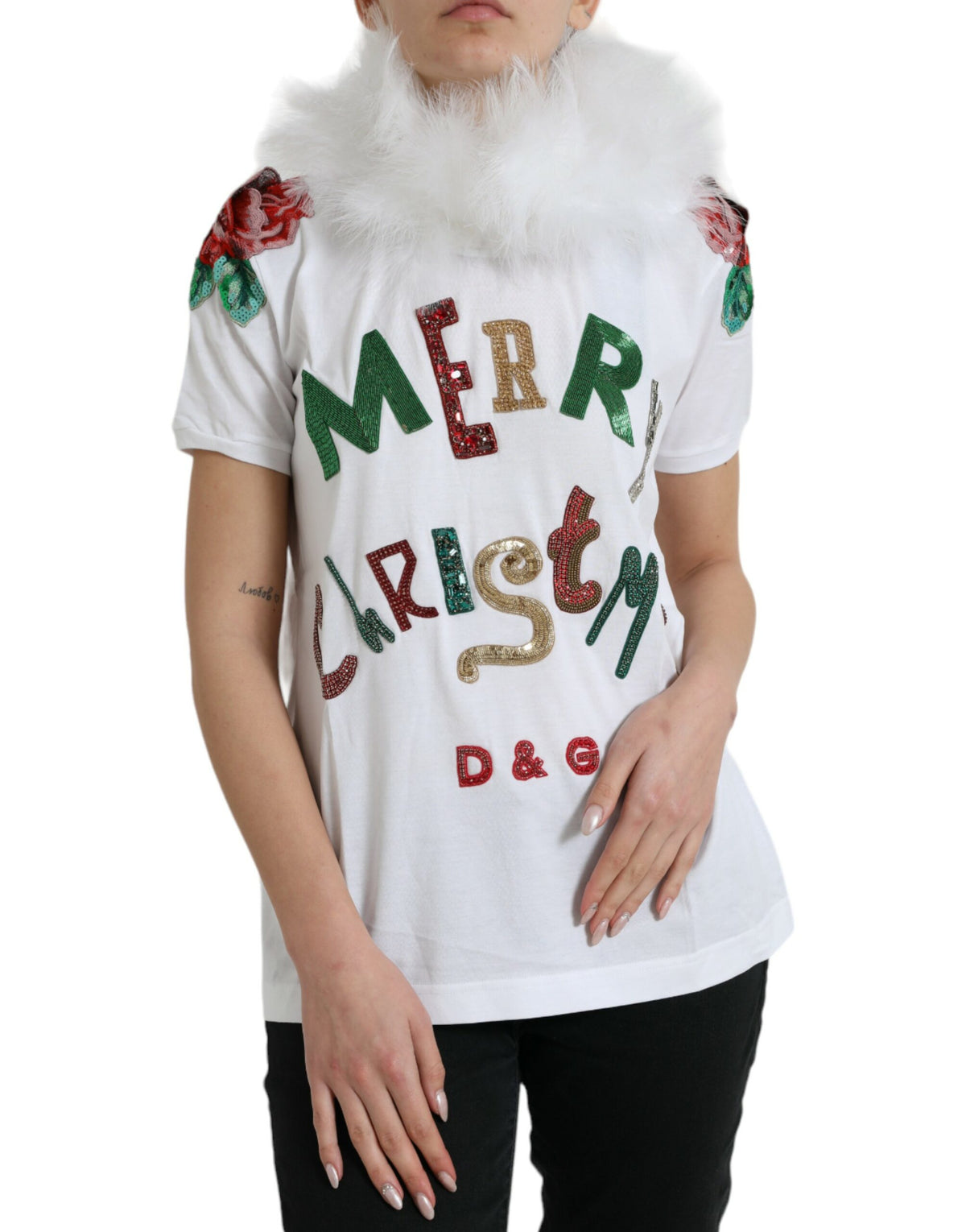 Dolce & Gabbana White Cotton Sequin Fur Christmas T-Shirt