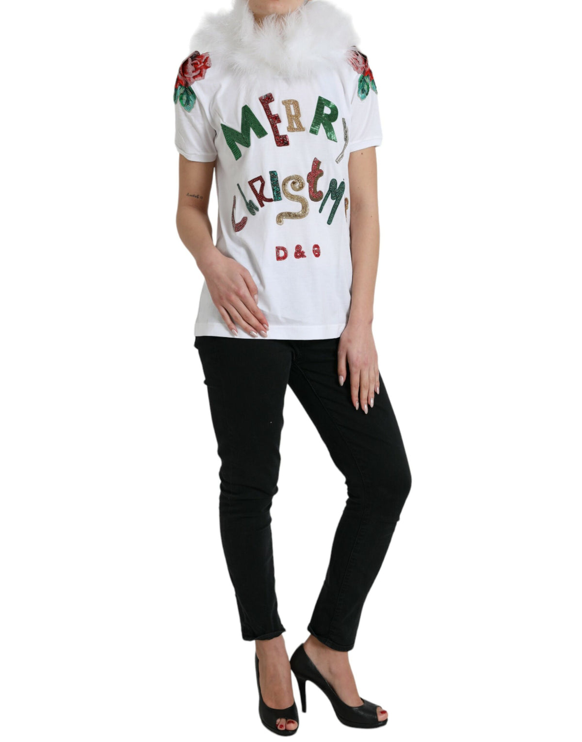 Dolce & Gabbana White Cotton Sequin Fur Christmas T-Shirt