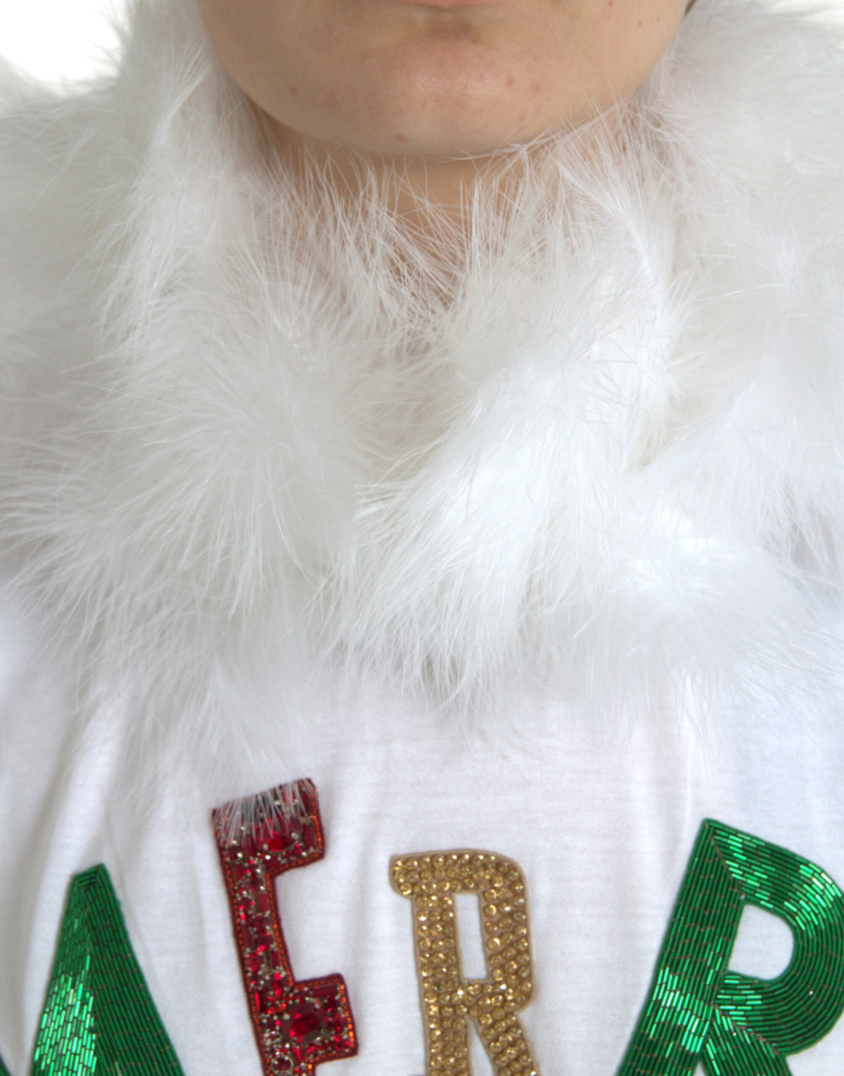 Dolce & Gabbana White Cotton Sequin Fur Christmas T-Shirt