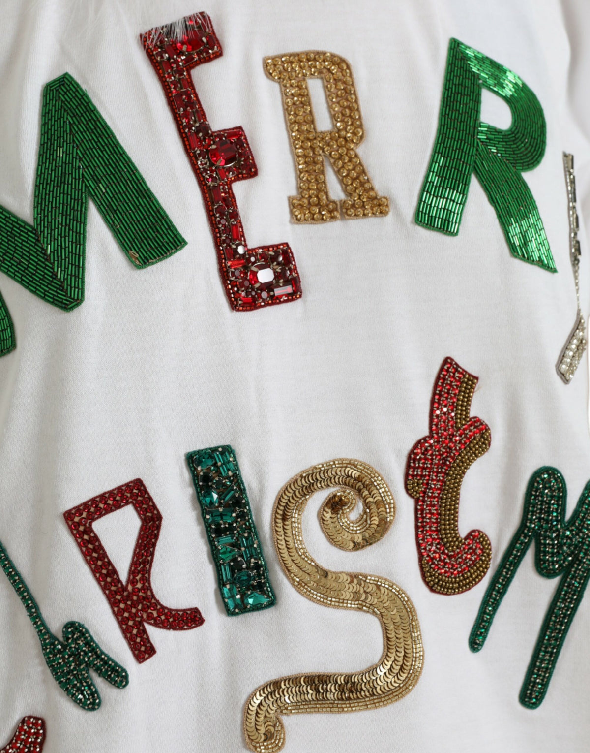 Dolce & Gabbana White Cotton Sequin Fur Christmas T-Shirt