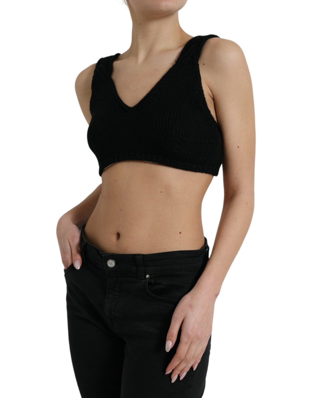 Dolce & Gabbana Schwarzes Bustier-Top mit V-Ausschnitt aus Kaschmir