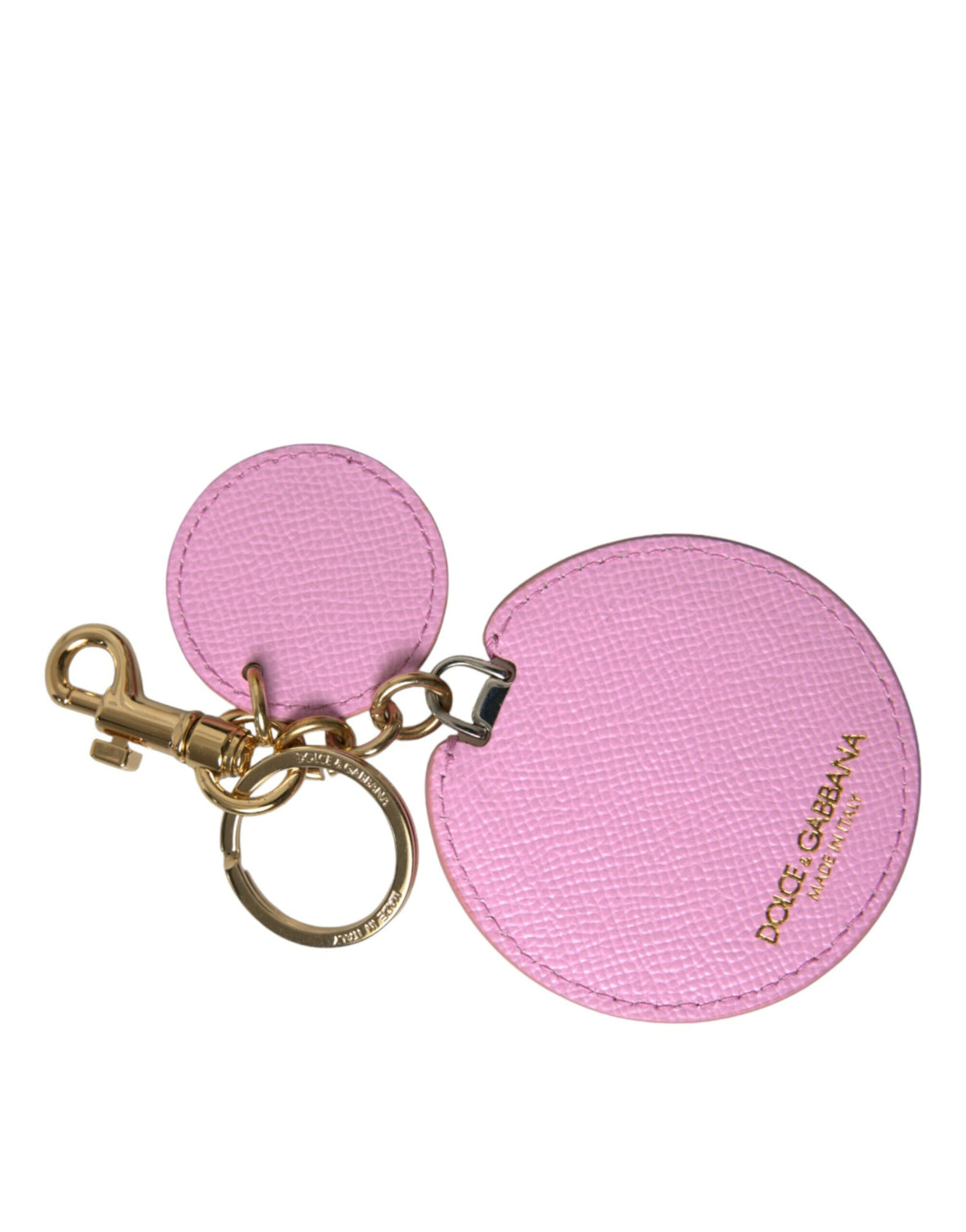 Dolce & Gabbana Pink Calfskin Gold Metal Logo Print Keychain Key Ring