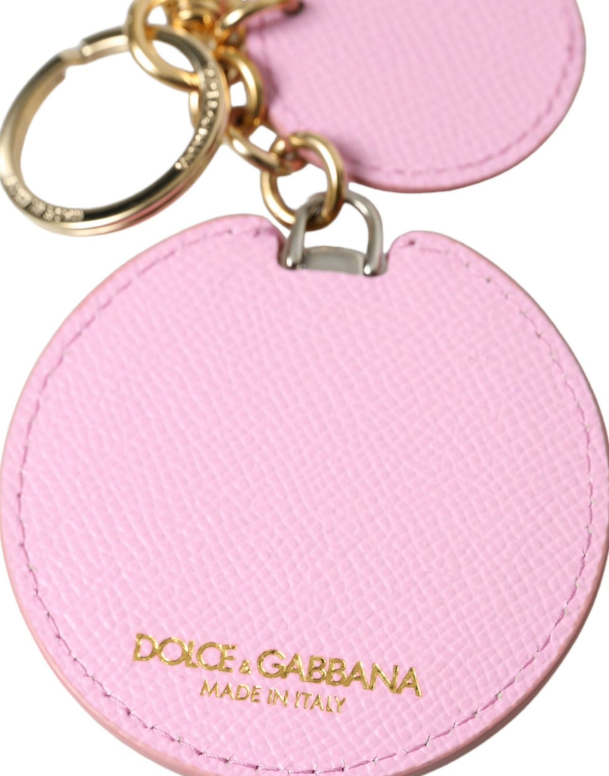 Dolce & Gabbana Pink Calfskin Gold Metal Logo Print Keychain Key Ring