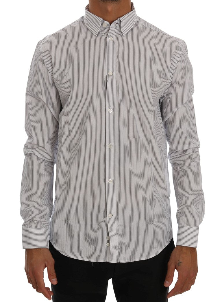 Frankie Morello Weiß-blau gestreiftes Casual Cotton Regular Fit Hemd