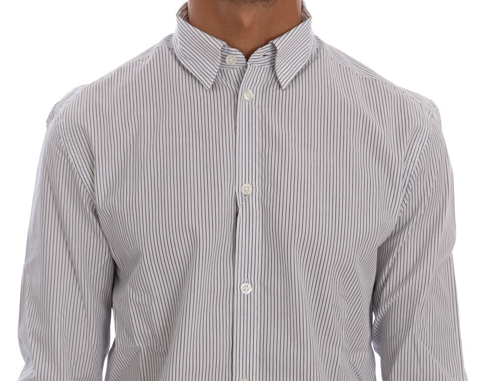 Frankie Morello Weiß-blau gestreiftes Casual Cotton Regular Fit Hemd