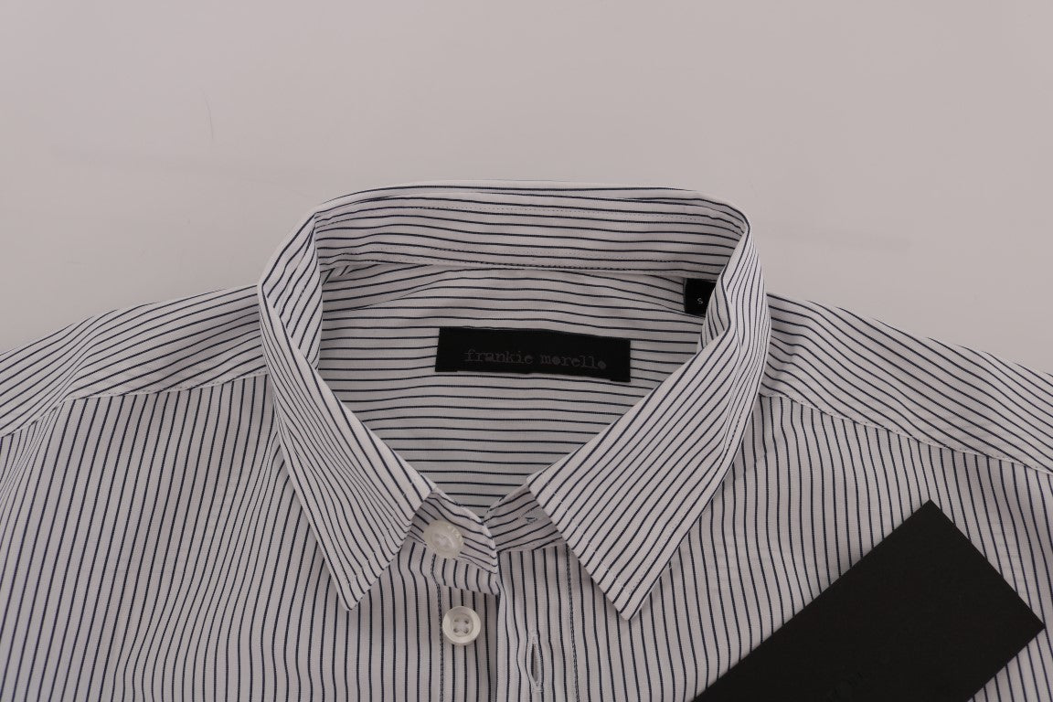 Frankie Morello Weiß-blau gestreiftes Casual Cotton Regular Fit Hemd