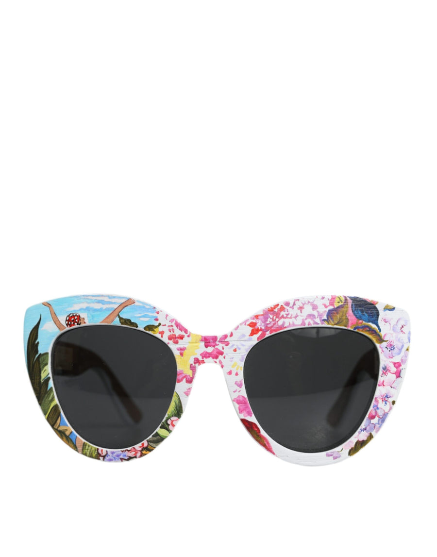 Dolce & Gabbana Multicolor Wood Crystal Brass Frame Floral Hand-Painted Sunglasses