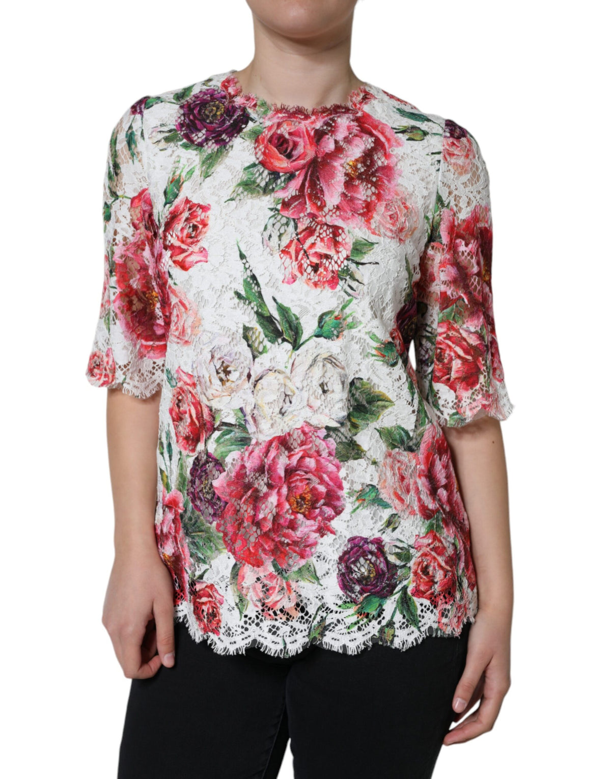 Dolce & Gabbana White Peony Lace Short Sleeve Blouse Top