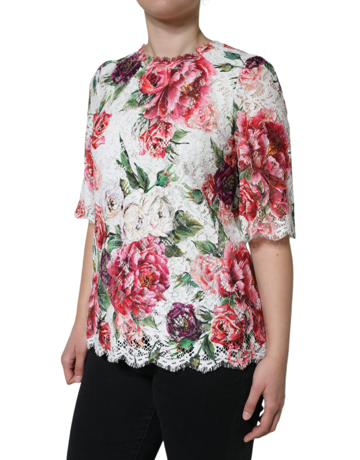 Dolce & Gabbana White Peony Lace Short Sleeve Blouse Top