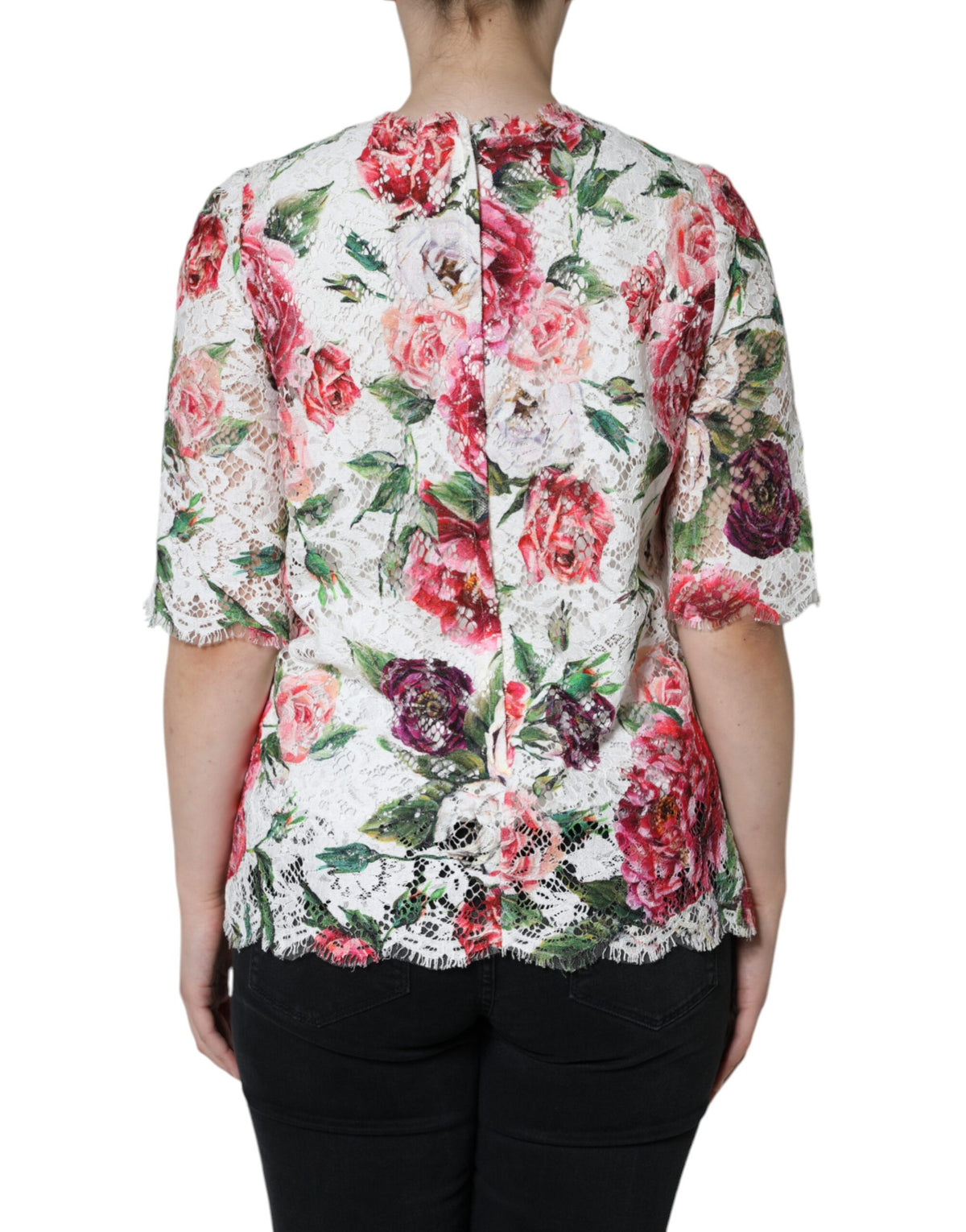 Dolce & Gabbana White Peony Lace Short Sleeve Blouse Top