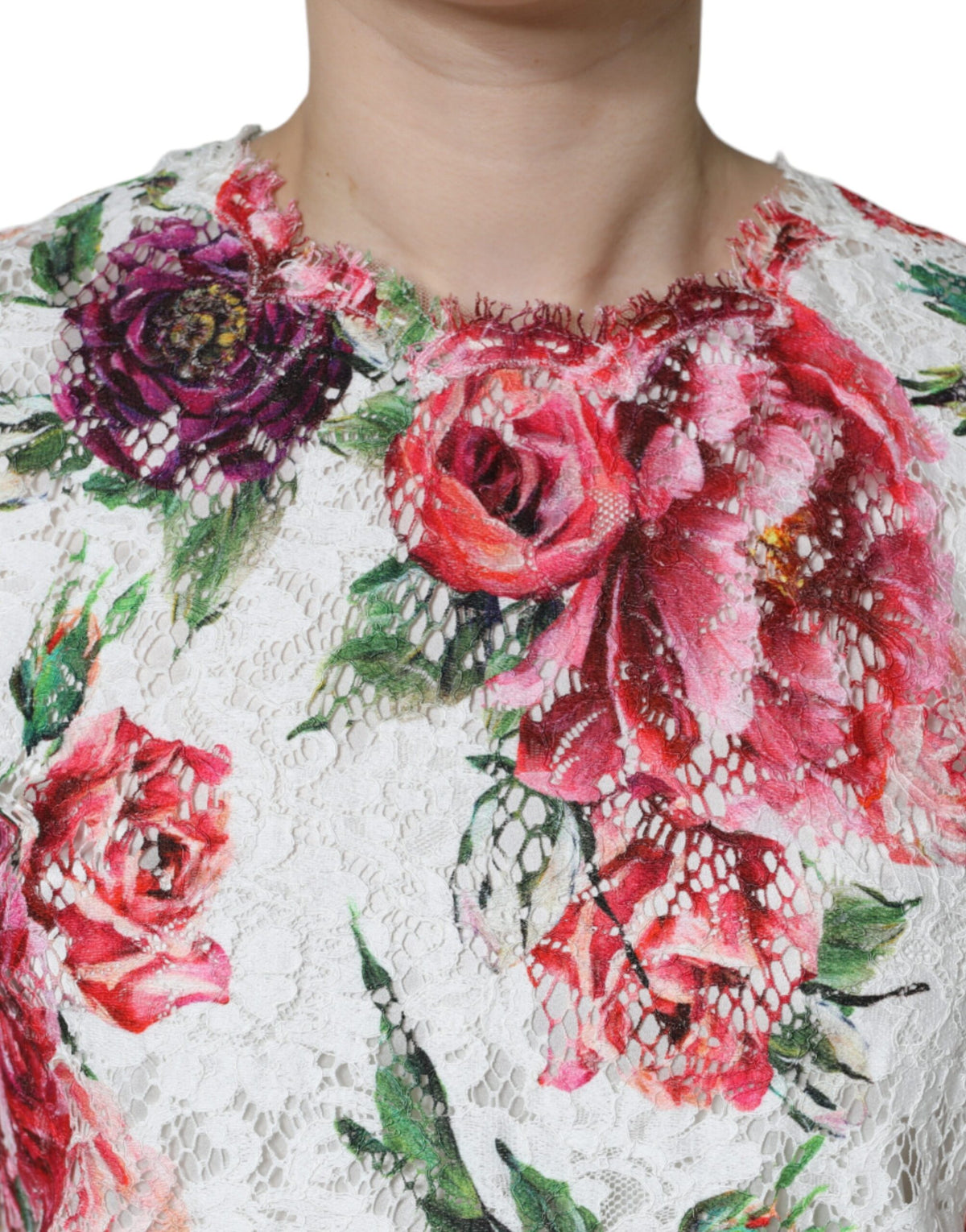 Dolce & Gabbana White Peony Lace Short Sleeve Blouse Top