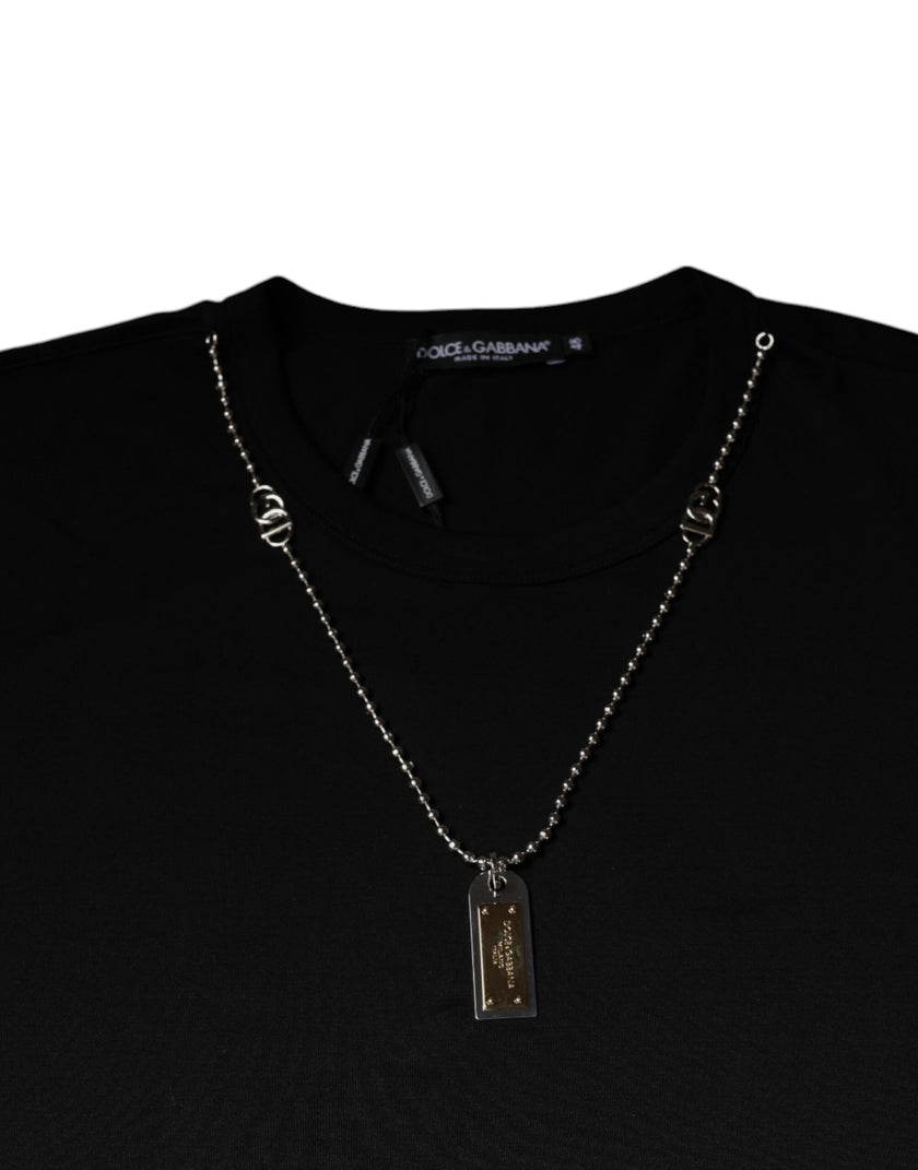 Dolce & Gabbana Schwarzes T-Shirt mit Baumwollkettenverzierung