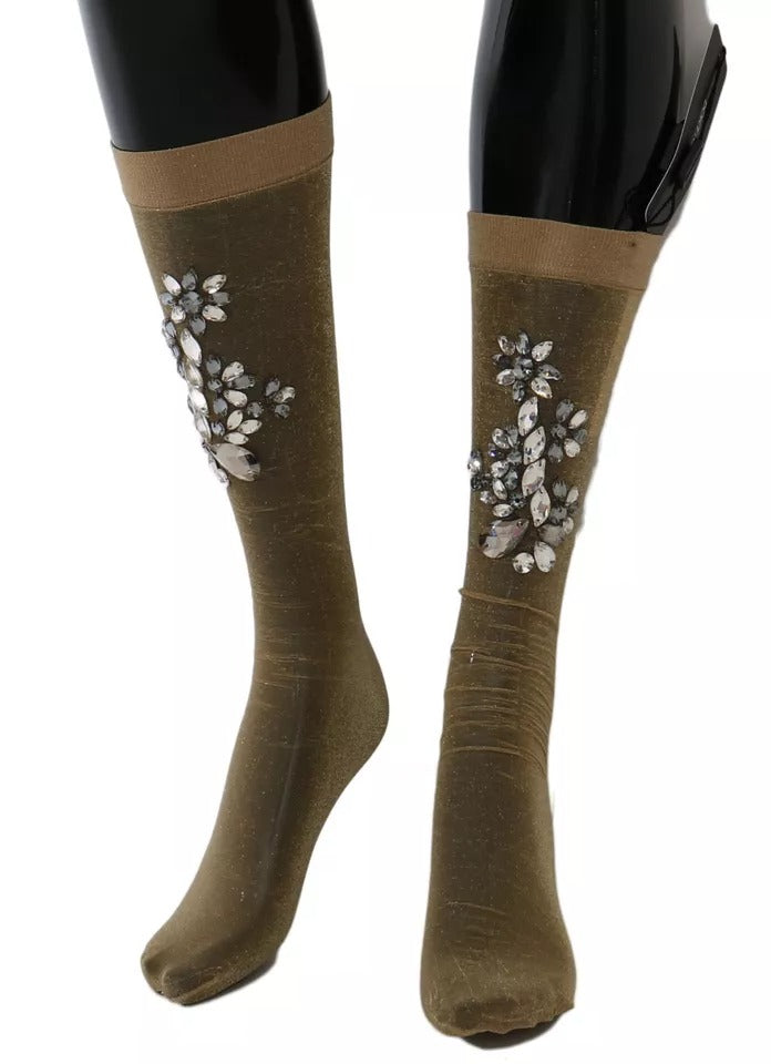 Dolce & Gabbana Gold Stretch Floral Klarer Kristall Strumpf Socken