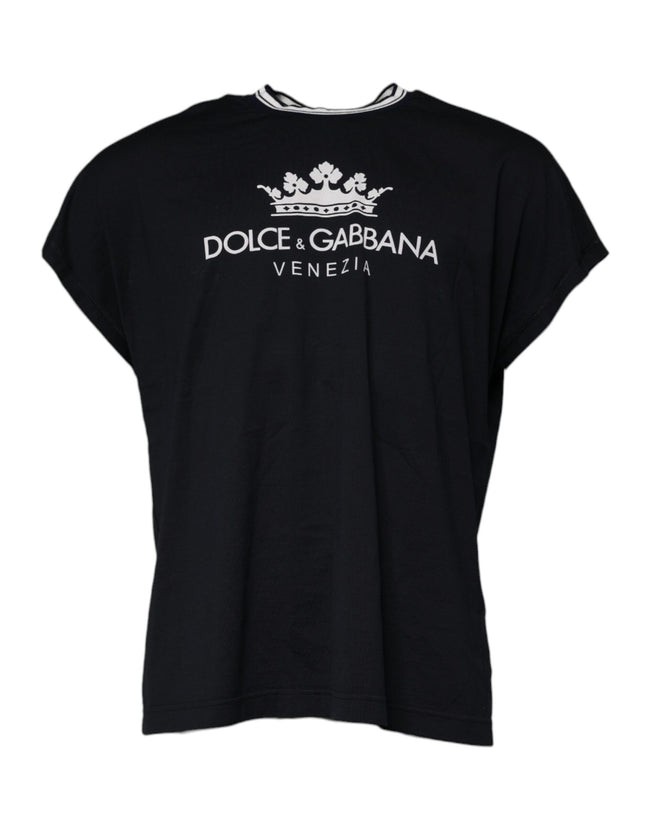 Dolce & Gabbana Navy Blue Logo Crown Cotton Crew-Neck T-Shirt