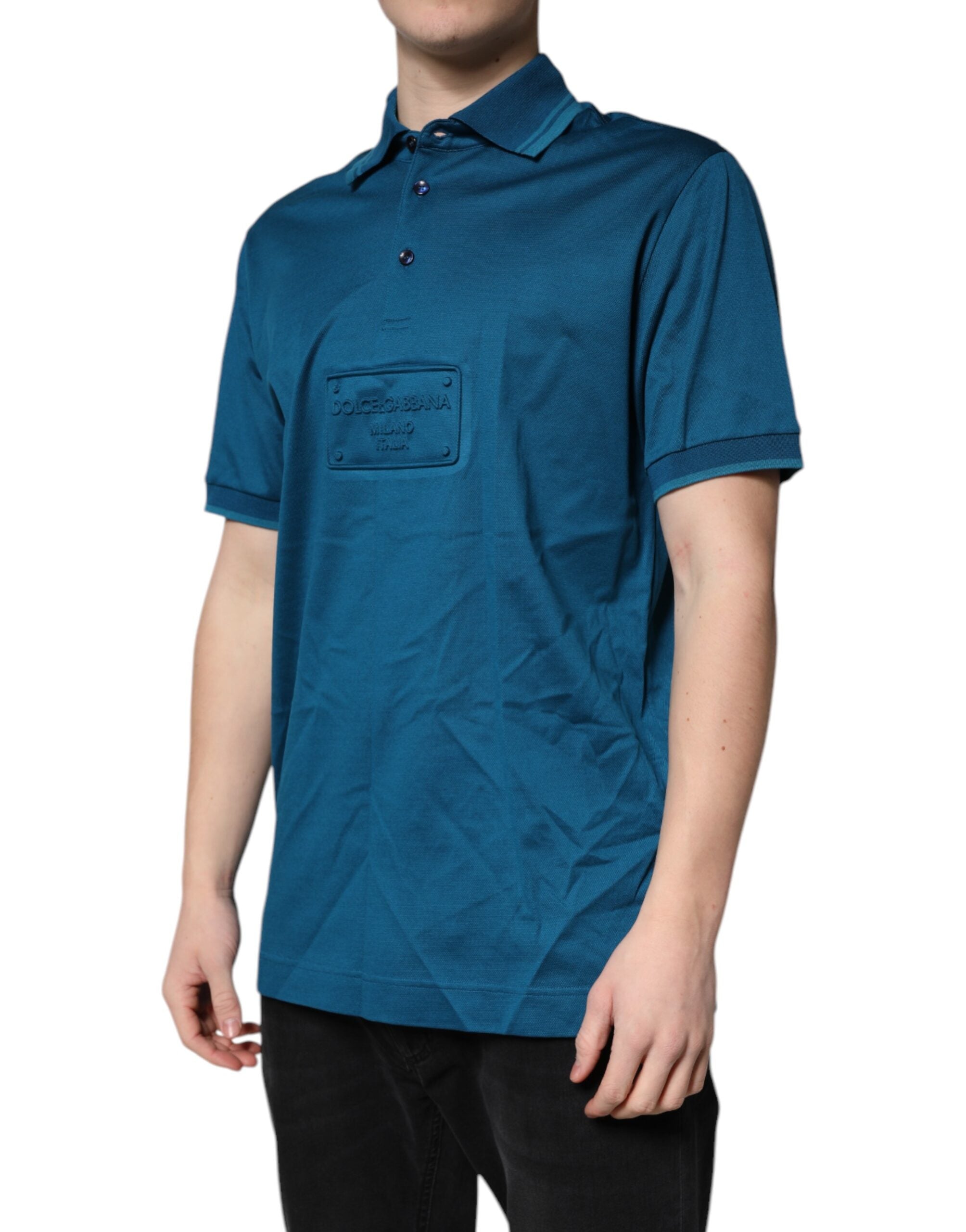 Dolce & Gabbana Blaues Logo-Baumwoll-Poloshirt für Männer T-shirt