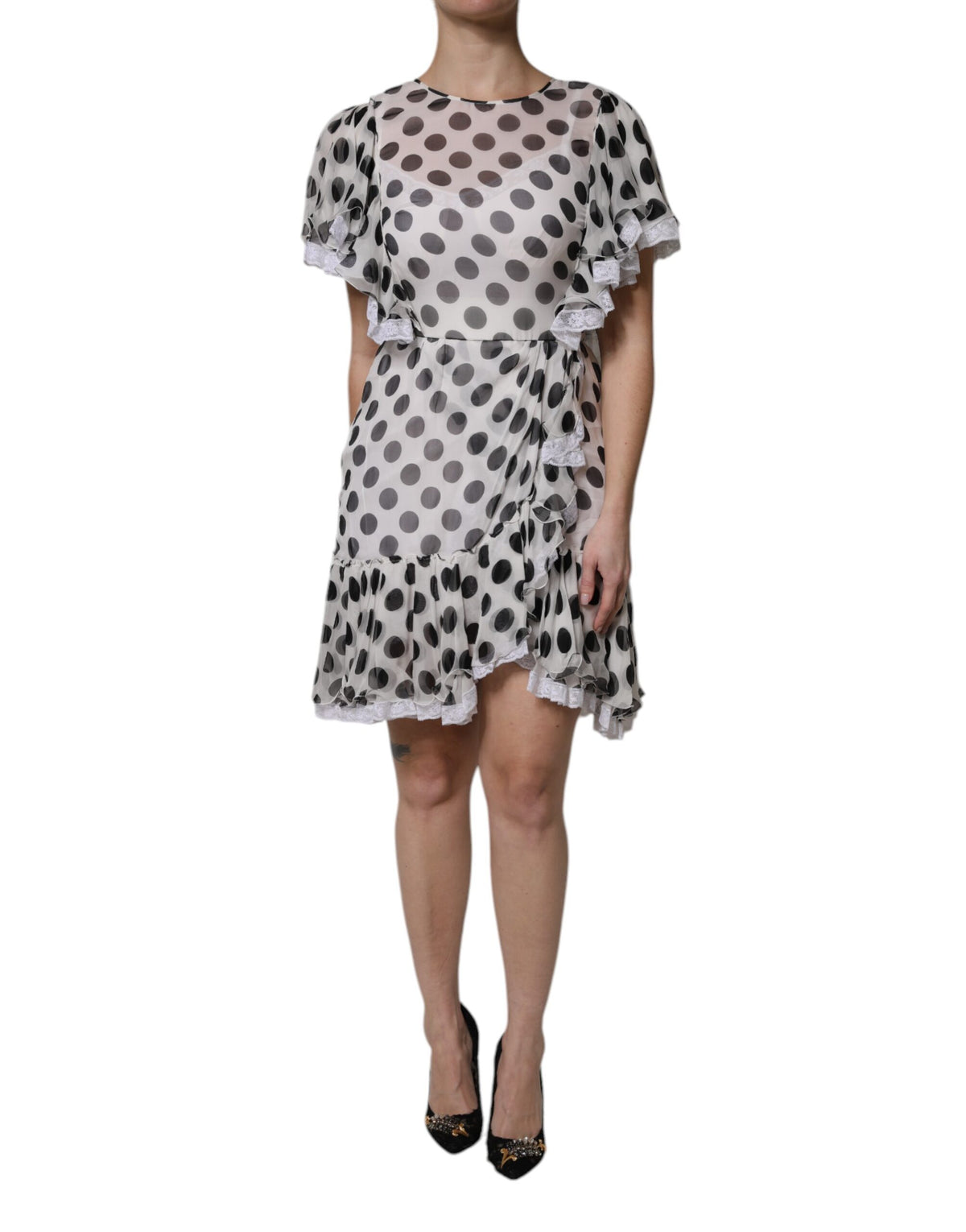 Dolce & Gabbana White Polka-Dot Silk-Blend A-Line Dress