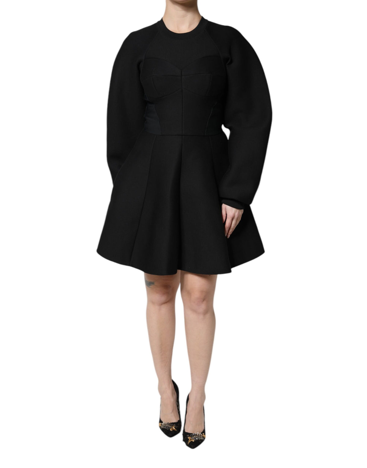 Dolce & Gabbana Black Cotton A-Line Long-Sleeve Mini Dress
