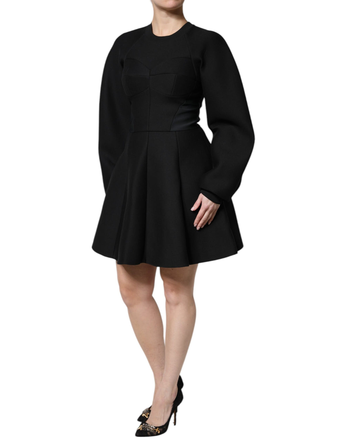 Dolce & Gabbana Black Cotton A-Line Long-Sleeve Mini Dress