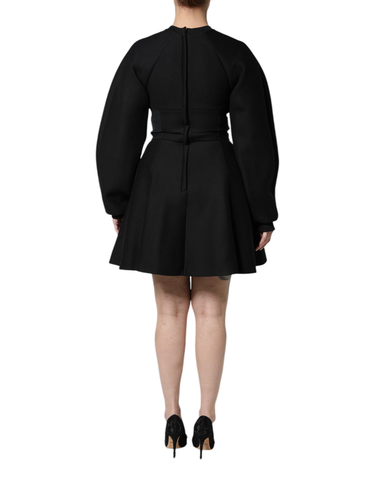 Dolce & Gabbana Black Cotton A-Line Long-Sleeve Mini Dress