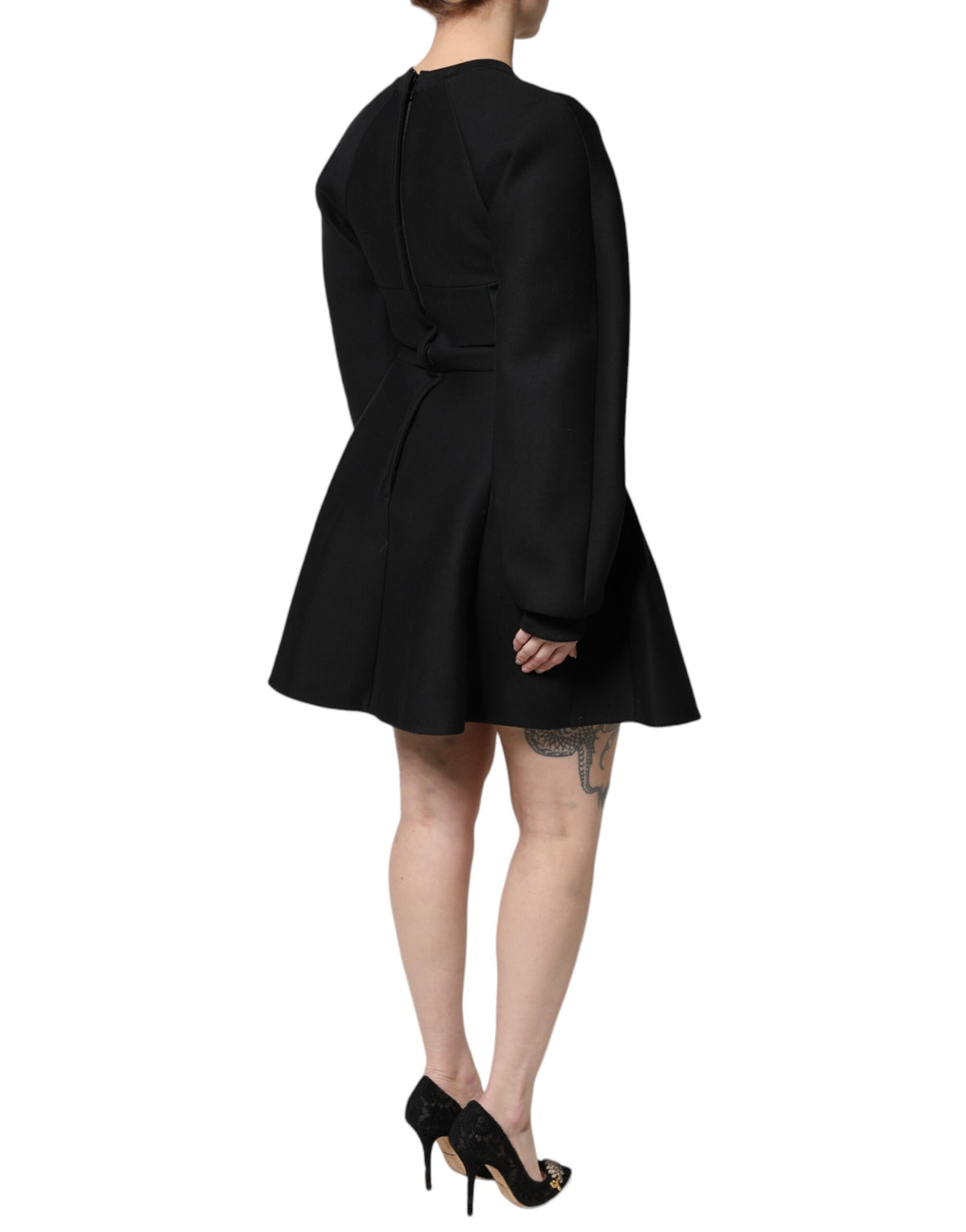 Dolce & Gabbana Black Cotton A-Line Long-Sleeve Mini Dress