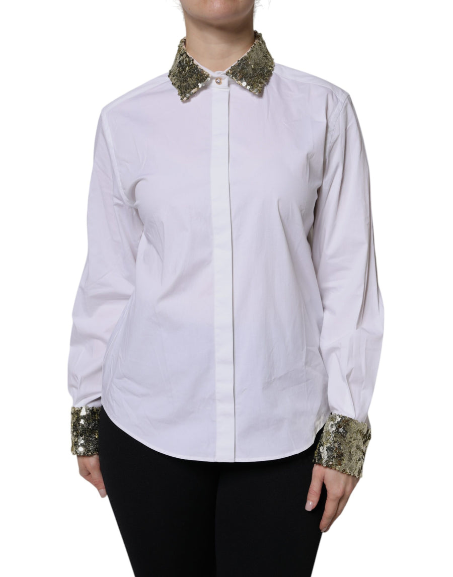 Dolce & Gabbana Weißes Baumwollshirt mit langen Ärmeln und Pailletten