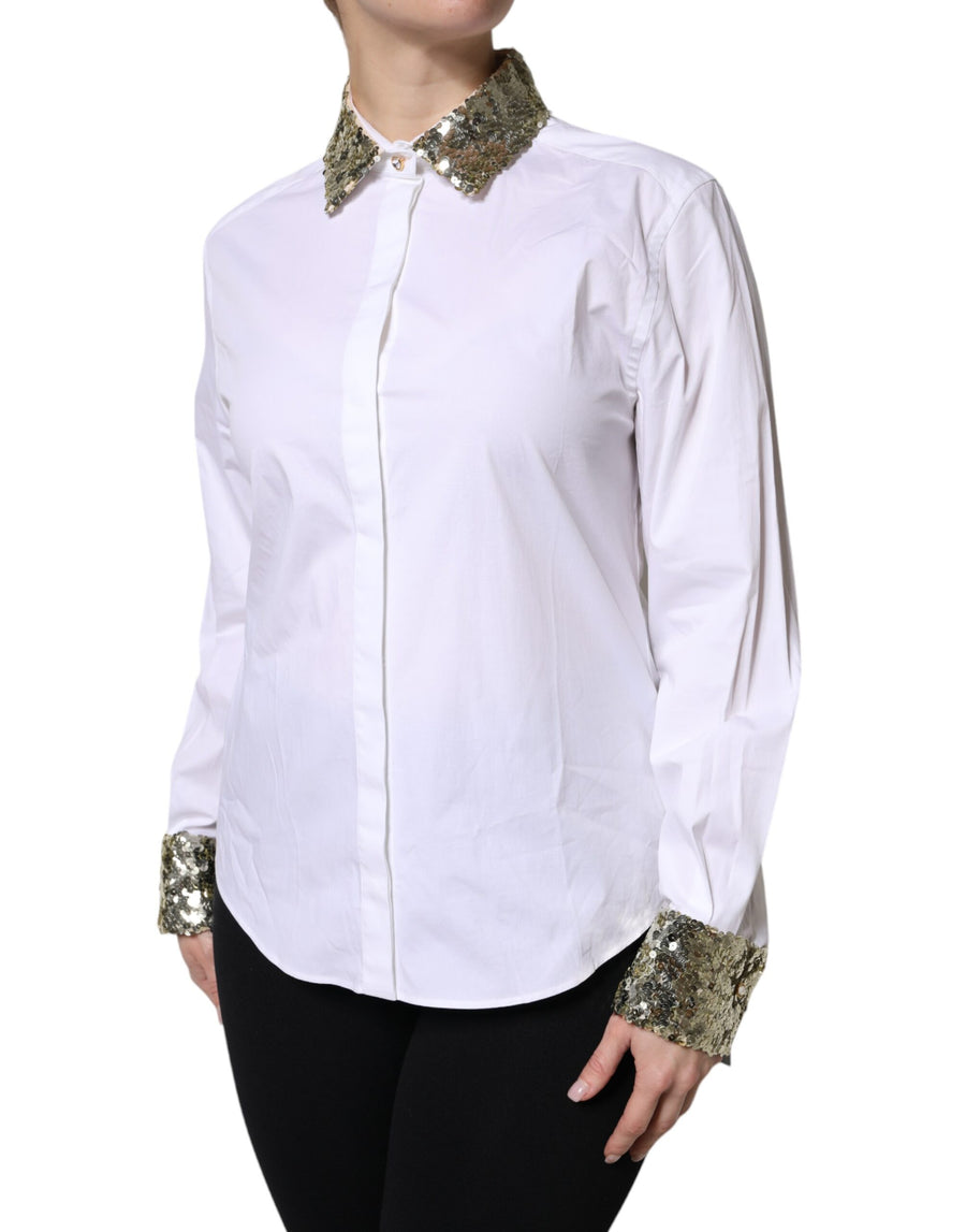 Dolce & Gabbana Weißes Baumwollshirt mit langen Ärmeln und Pailletten