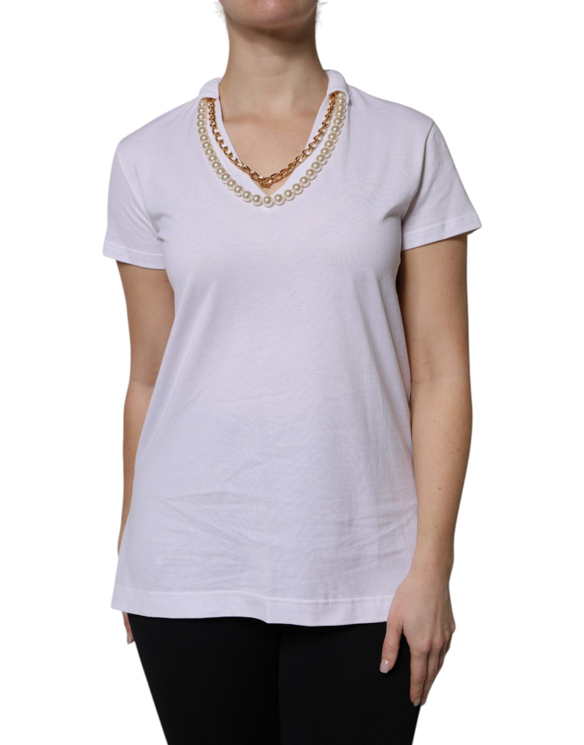 Dolce & Gabbana White Short Sleeve Cotton T-Shirt with Necklace