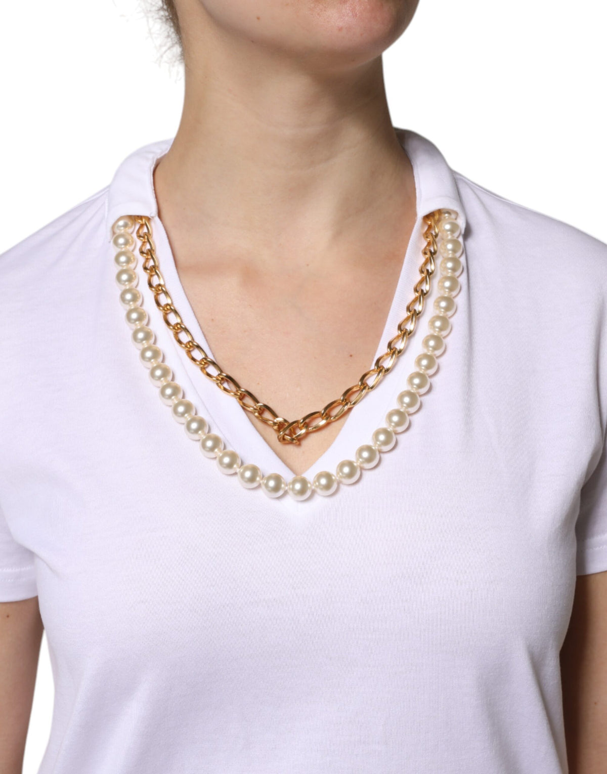 Dolce & Gabbana White Short Sleeve Cotton T-Shirt with Necklace