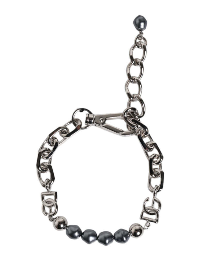 Dolce & Gabbana Armband mit silberfarbener Kette, Karabinerverschluss, Logo und grauen Perlen