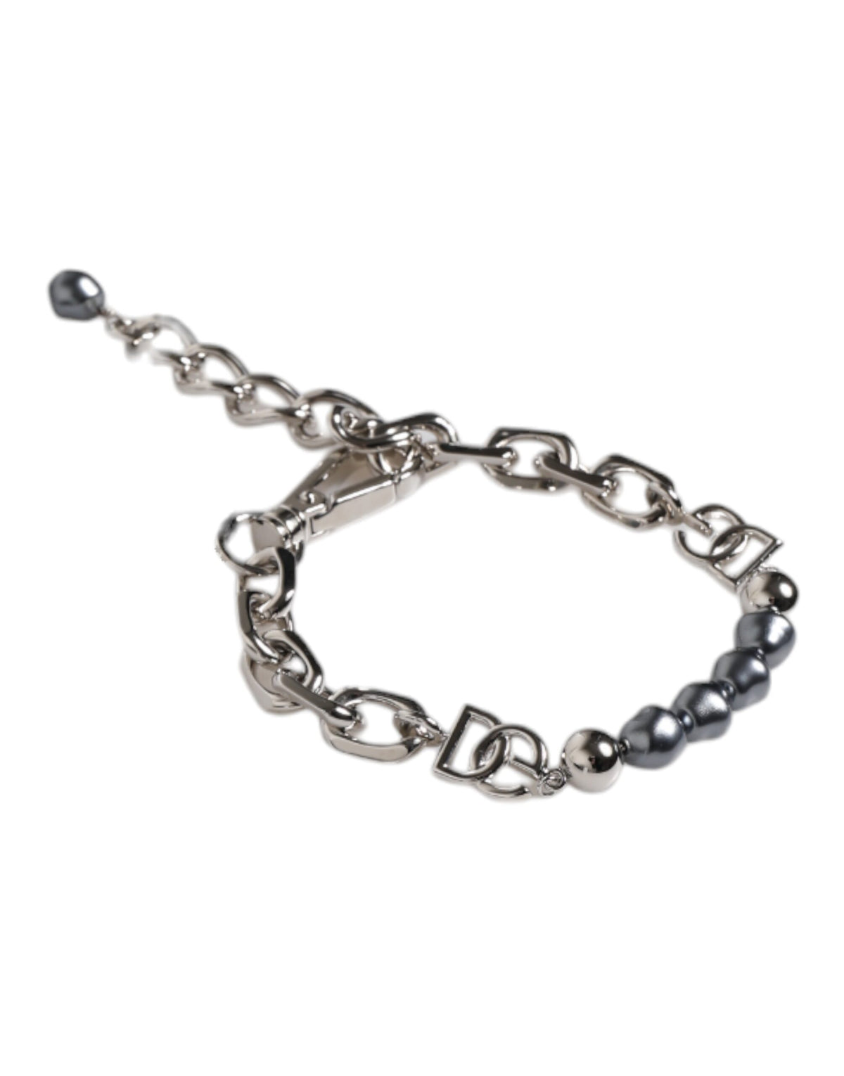 Dolce & Gabbana Armband mit silberfarbener Kette, Karabinerverschluss, Logo und grauen Perlen