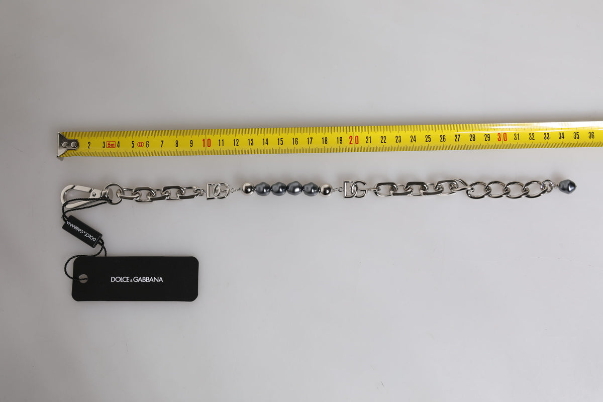Dolce & Gabbana Armband mit silberfarbener Kette, Karabinerverschluss, Logo und grauen Perlen